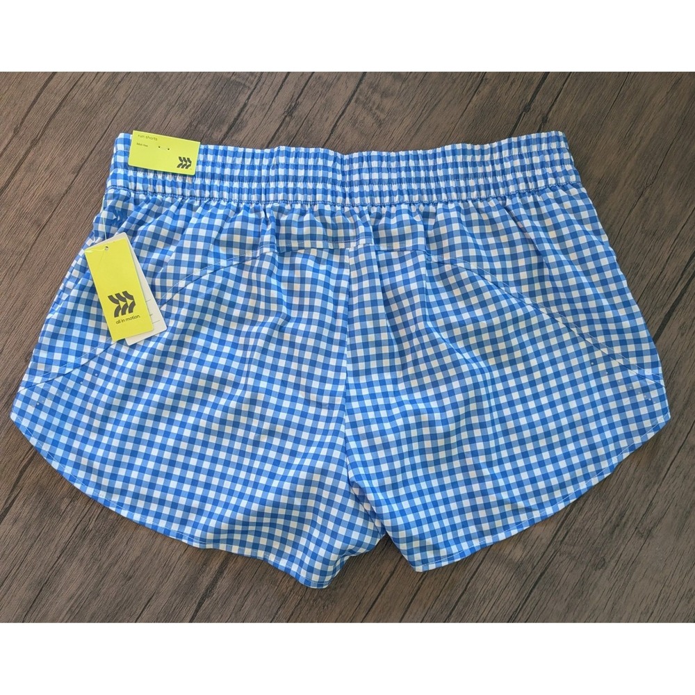 All in Motion Women's XL Run Shorts Blue White Gingham 3" Inseam Mid Rise NWT